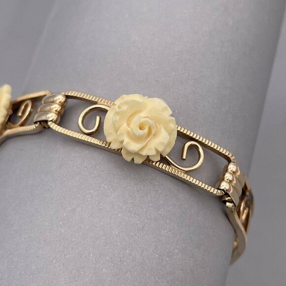 Vintage Amco 14k Gold Filled Celluloid Rose Five Panel Bracelet - Picture 5 of 8